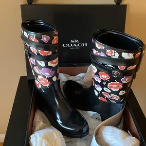 BNWT Coach Black Rain Boots with Red, Purple & White Floral Print
